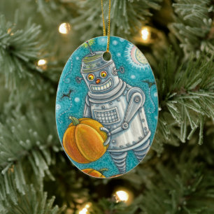 ADORNO DE CERÁMICA ROBOT PICKING PUMPKINS , HOMBRE MECÁNICO DE HALLOW