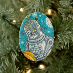 ADORNO DE CERÁMICA ROBOT PICKING PUMPKINS , HOMBRE MECÁNICO DE HALLOW