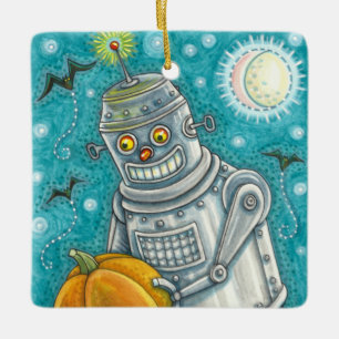 ADORNO DE CERÁMICA ROBOT PICKING PUMPKINS , HOMBRE MECÁNICO DE HALLOW