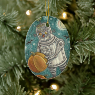ADORNO DE CERÁMICA ROBOT PICKING PUMPKINS , HOMBRE MECÁNICO DE HALLOW