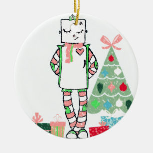 Adorno De Cerámica Robot y árbol en colores pastel del día de fiest
