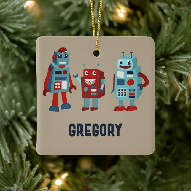 Adorno De Cerámica Robots personalizados retro en foto de ciencia fic (Árbol)