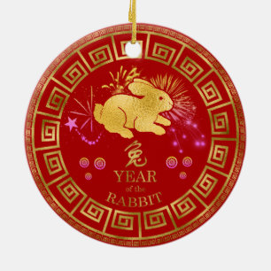 Adorno De Cerámica Rojo chino del conejo del zodiaco/oro ID542