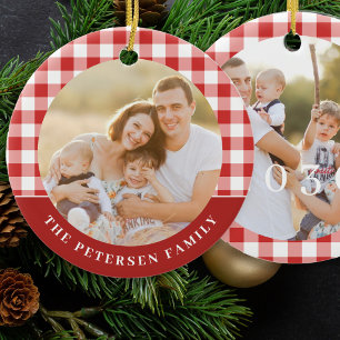 Adorno De Cerámica Rojo cuadros gingham blanco Navidad familiar de 2