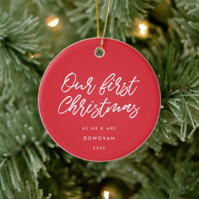 Adorno De Cerámica Rojo moderno nuestra primera Navidad casada (Árbol)