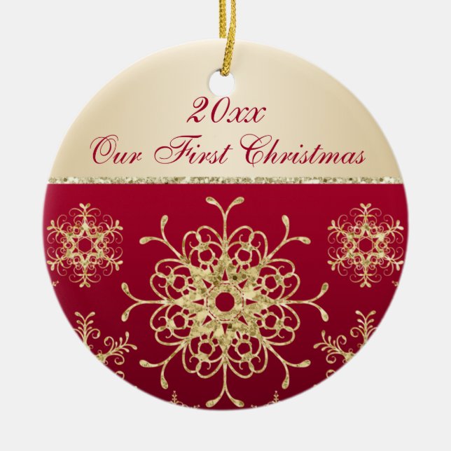 Adorno De Cerámica Rojo, Oro Primer Navidades Keepsake Ornament (Frente)