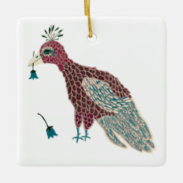 Adorno De Cerámica Rojo pájaro con flores azules