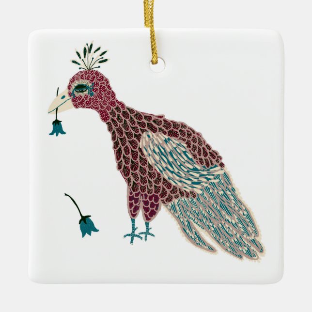 Adorno De Cerámica Rojo pájaro con flores azules (Anverso)