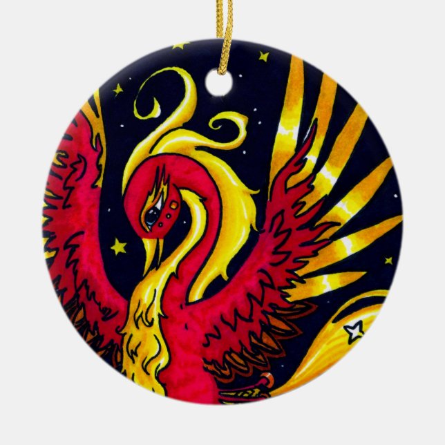 Adorno De Cerámica Rojo y oro que vuelan Phoenix (Frente)