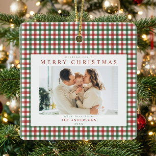 Adorno De Cerámica Rojo y Verde Gingham Navidad Foto Personalizada