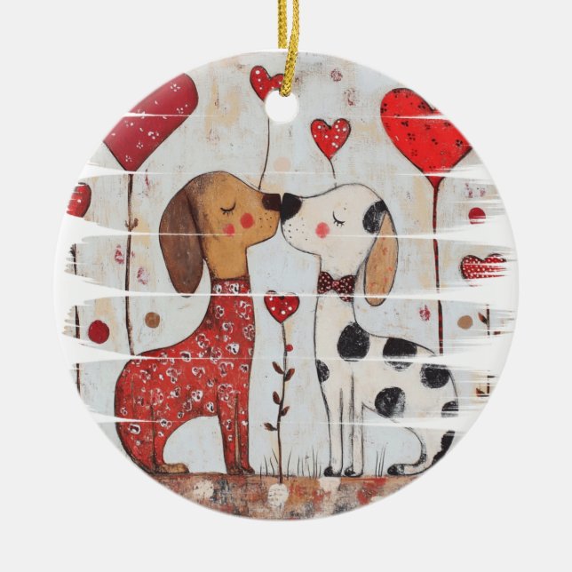 Adorno De Cerámica Romantic Dogs with Heart Balloons (Frente)
