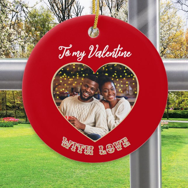 Adorno De Cerámica Romantic Valentine's Day Couple Photo Personalized (A Valentine's ornament with custom photo in a heart 'frame' and personalized message on the back)