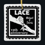 Adorno De Cerámica Romántico en mano 13° aniversario boda<br><div class="desc">Si desea ayuda para personalizar este diseño, utilice el botón de preguntar a este diseñador, justo debajo de este texto. Un diseño romántico para un décimo tercer aniversario de boda, este diseño tiene un marido y una mujer que se toman de la mano con el encaje de texto que es...</div>