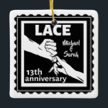 Adorno De Cerámica Romántico en mano 13° aniversario boda<br><div class="desc">Si desea ayuda para personalizar este diseño, utilice el botón de preguntar a este diseñador, justo debajo de este texto. Un diseño romántico para un décimo tercer aniversario de boda, este diseño tiene un marido y una mujer que se toman de la mano con el encaje de texto que es...</div>