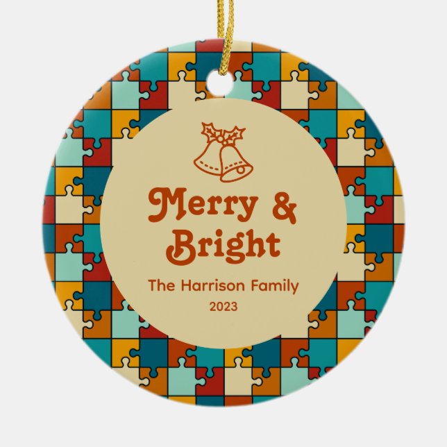 Adorno De Cerámica Rompecabezas vintage, merry y fotografía de la fam (Frente)