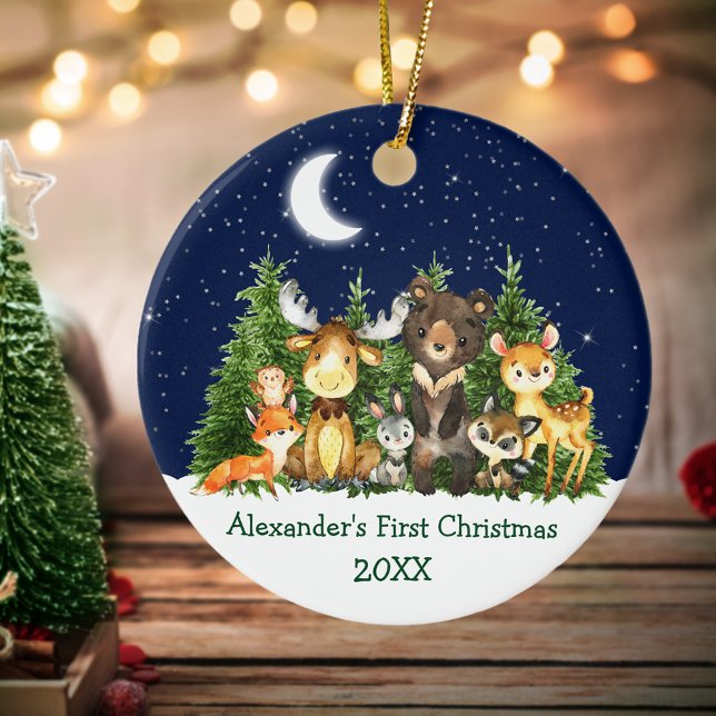 Adorno De Cerámica Ronda de animales del primer bosque navideño (Customize with name and year.)