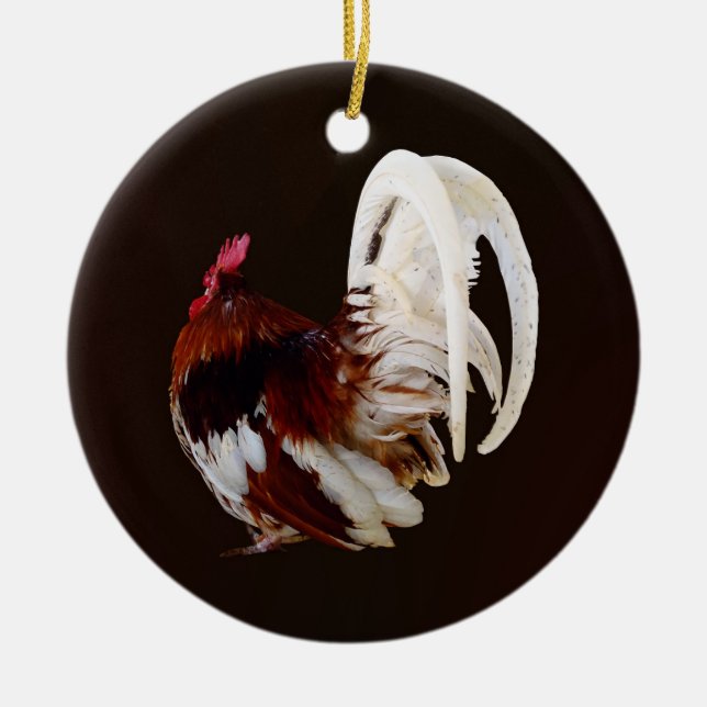 Adorno De Cerámica Rooster Rojo Con Plumas De Cola Blanca (Frente)