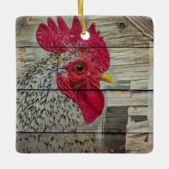 Adorno De Cerámica Rooster Rustic Chicken Coop Barn Board (Anverso)