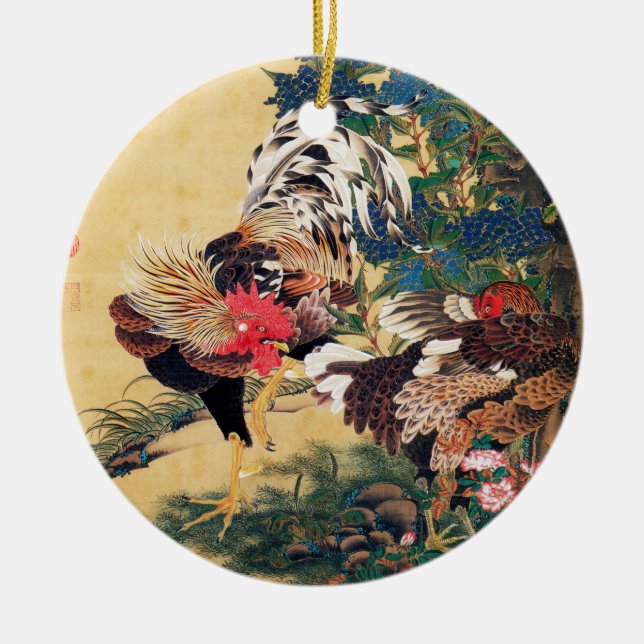 Adorno De Cerámica Rooster y Hen con Hydrangeas de Ito Jakuchu (Frente)