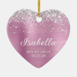 Adorno De Cerámica Rosa de luz Purpurina plateado rosa Mis XV Anos Fo