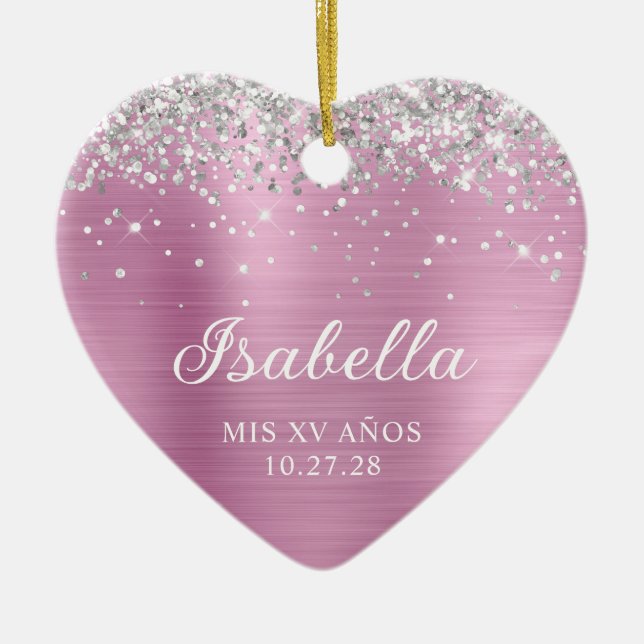 Adorno De Cerámica Rosa de luz Purpurina plateado rosa Mis XV Anos Fo (Frente)