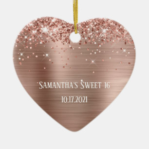 Adorno De Cerámica Rosa Dorado Brillante con Personalización Cumpleañ