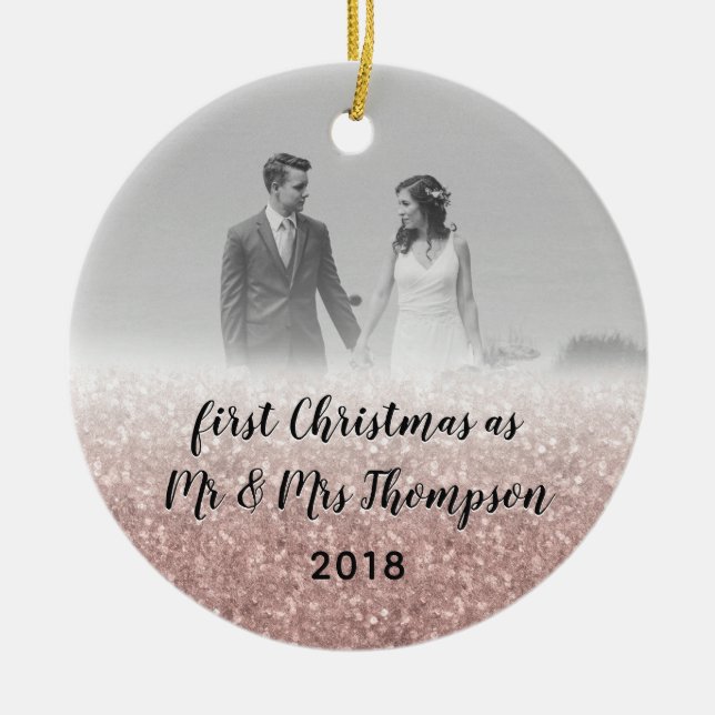 Adorno De Cerámica Rosa Gold First Christmas Mr & Mrs Couple Photo (Frente)