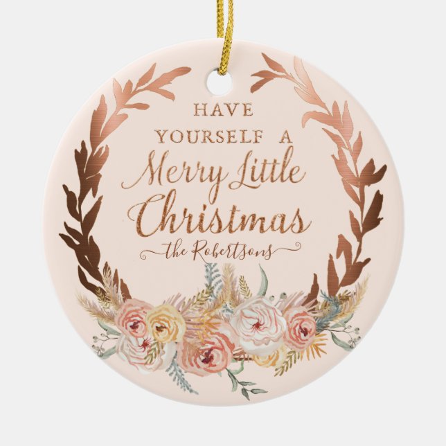 Adorno De Cerámica Rosa  Navidades con Floral Elegante Purpurina de R (Frente)