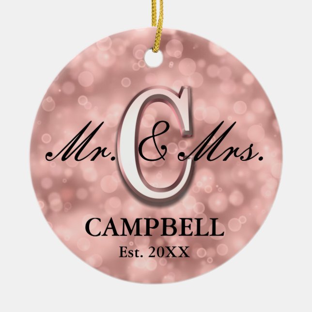 Adorno De Cerámica Rosa Personalizado de Oro recién casada (Frente)