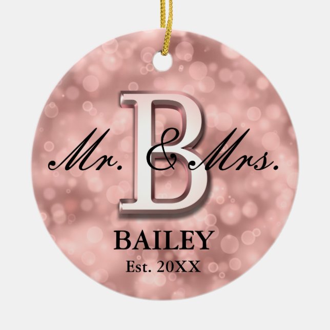 Adorno De Cerámica Rosa Personalizado de Oro recién casada (Frente)