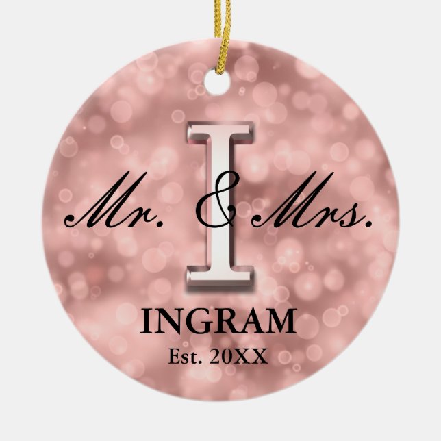 Adorno De Cerámica Rosa Personalizado de Oro recién casada (Frente)