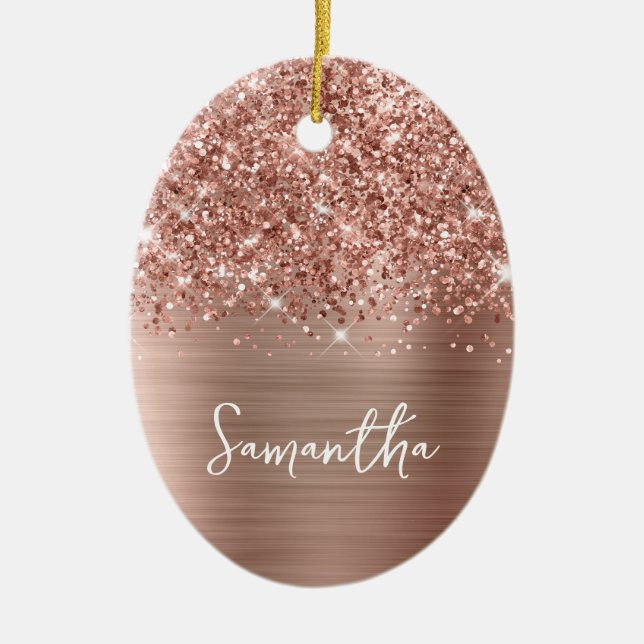 Adorno De Cerámica Rosa Purpurinoso Gold Glam Name Oval Photo (Frente)