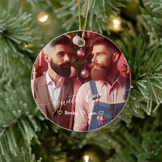 Adorno De Cerámica Rosa retro merry y brillante gay | Foto personaliz (Árbol)