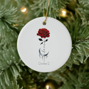Adorno De Cerámica Rosa roja de tatuaje y luna de luna creciente con 