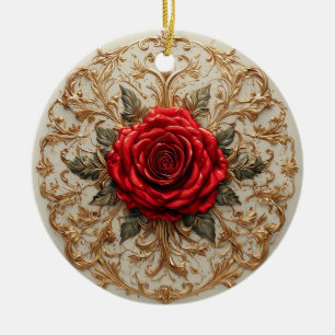 Adorno De Cerámica Rosa Roja Elegante Con Floral Dorada Ornamentada