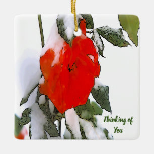 Adorno De Cerámica Rosa roja en nieve