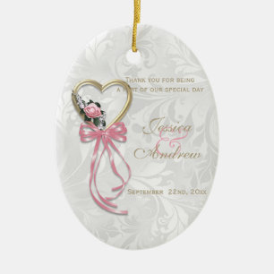 Adorno De Cerámica Rosa Romántica, Corazón de Oro y Cinta Rosa