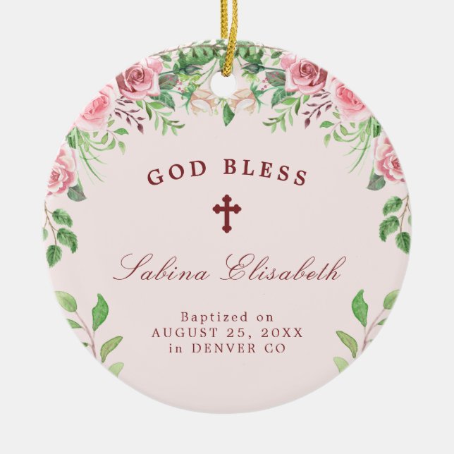 Adorno De Cerámica Rosa rosa bautismo chica foto personalizada (Frente)