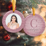 Adorno De Cerámica Rosa Rubor de moda | Foto de Monograma Rosa Purpur<br><div class="desc">Rosa | Ornamento fotográfico Rosa Purpurina de oro con espacio para su foto y monograma personalizado. ¡Perfecto para tu cumpleaños o quinceañera!</div>