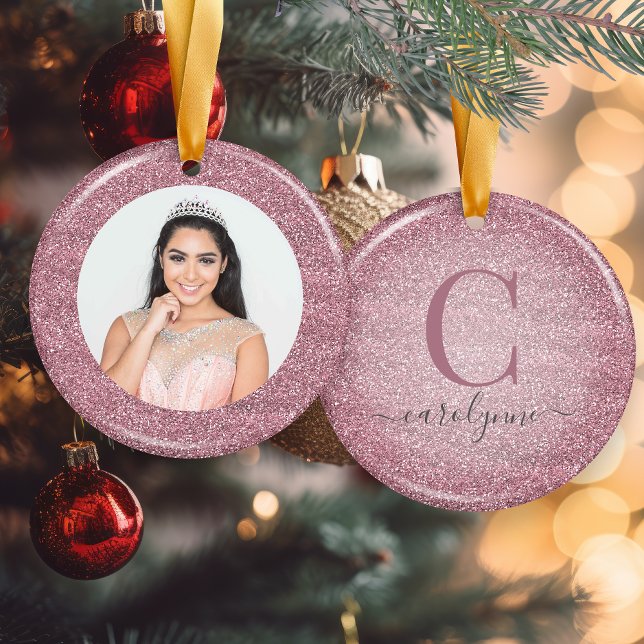 Adorno De Cerámica Rosa Rubor de moda | Foto de Monograma Rosa Purpur (Chic Blush Pink | Rose Gold Glitter Monogram Photo Ceramic Ornament)