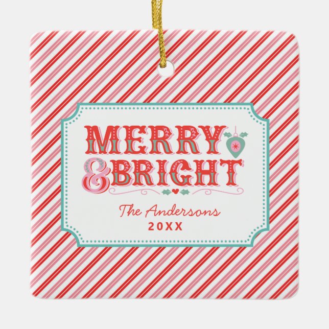 Adorno De Cerámica Rosa y Rojo | Merry y Bright (Anverso)