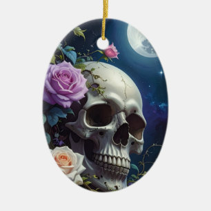 Adorno De Cerámica Rosas a la luz de la luna Calavera