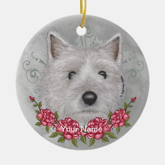 Adorno De Cerámica Rosas Cairn Terrier Ornament (Frente)