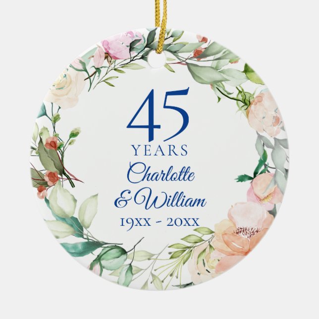 Adorno De Cerámica Rosas de acuarela Garland 45° Aniversario (Frente)