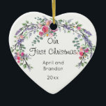 Adorno De Cerámica Rosas Lavender y Eucalyptus | primera Navidad<br><div class="desc">Un diseño elegante y vintage con rosas,  eucaliptos y lavanda pintados en una romántica acuarela.</div>