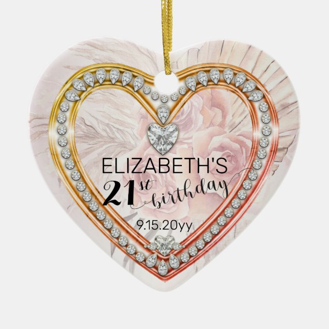 Adorno De Cerámica Rosas rosas rosas |Diamantes 21º cumpleaños Keepsa (Frente)