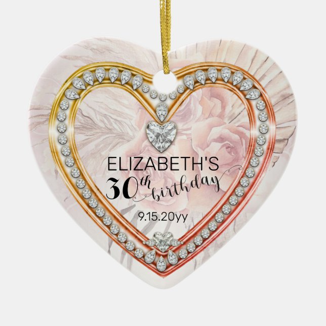 Adorno De Cerámica Rosas rosas rosas |Diamantes 30 cumpleaños Keepsak (Frente)