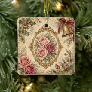 Adorno De Cerámica Rosas Victorianas de Navidad Crema Dorada Vintage