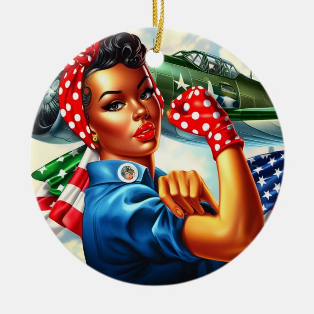 Adorno De Cerámica Rosie the Riveter Pin up Chica de Navidad (Frente)