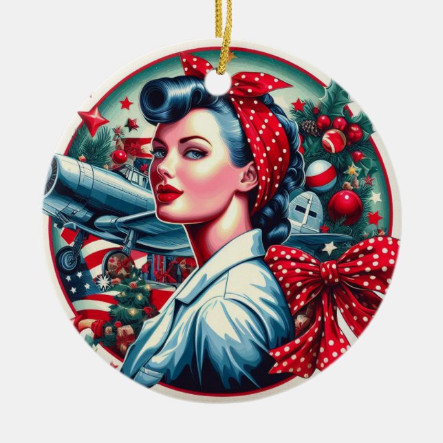 Adorno De Cerámica Rosie the Riveter Pin up Chica de Navidad (Frente)